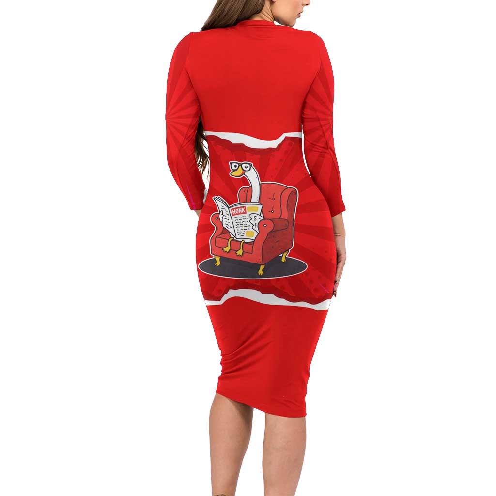 Silly Goose Long Sleeve Bodycon Dress with Newspaper and Armchair Pattern