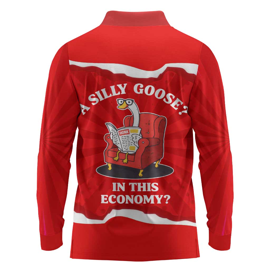 Silly Goose Long Sleeve Polo Shirt with Newspaper and Armchair Pattern