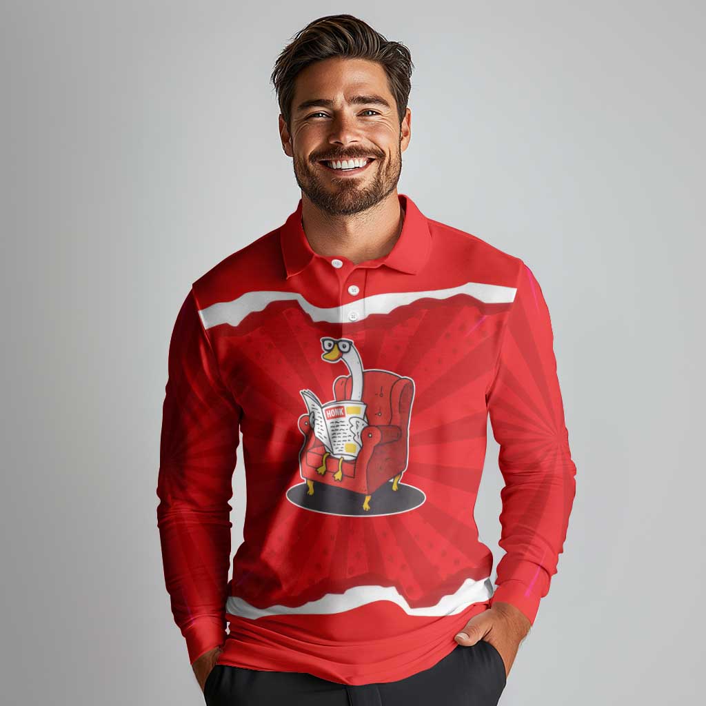Silly Goose Long Sleeve Polo Shirt with Newspaper and Armchair Pattern