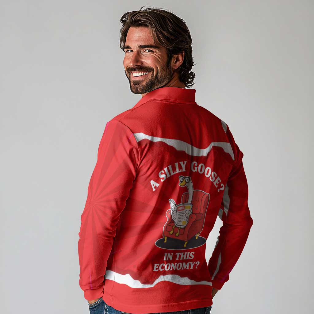 Silly Goose Long Sleeve Polo Shirt with Newspaper and Armchair Pattern