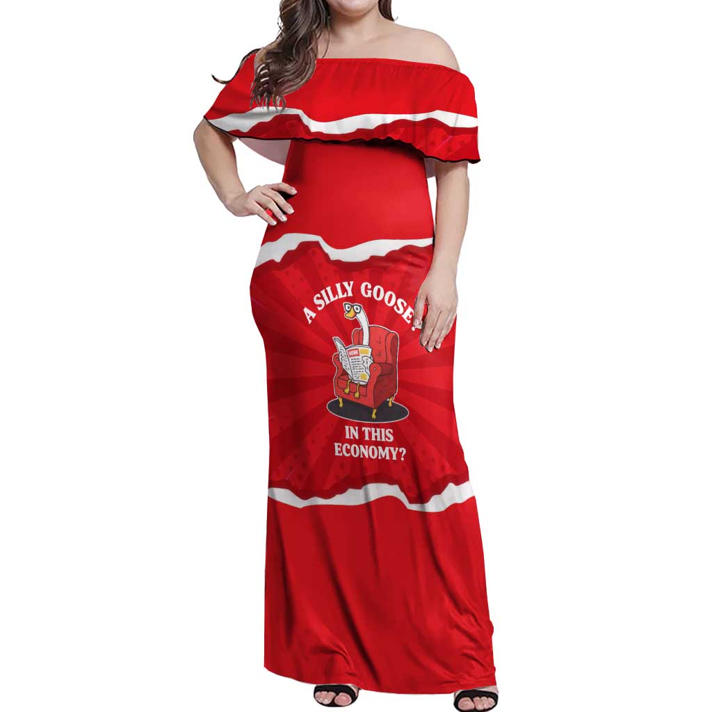 Silly Goose Off Shoulder Maxi Dress with Newspaper and Armchair Pattern