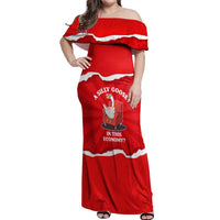 Silly Goose Off Shoulder Maxi Dress with Newspaper and Armchair Pattern