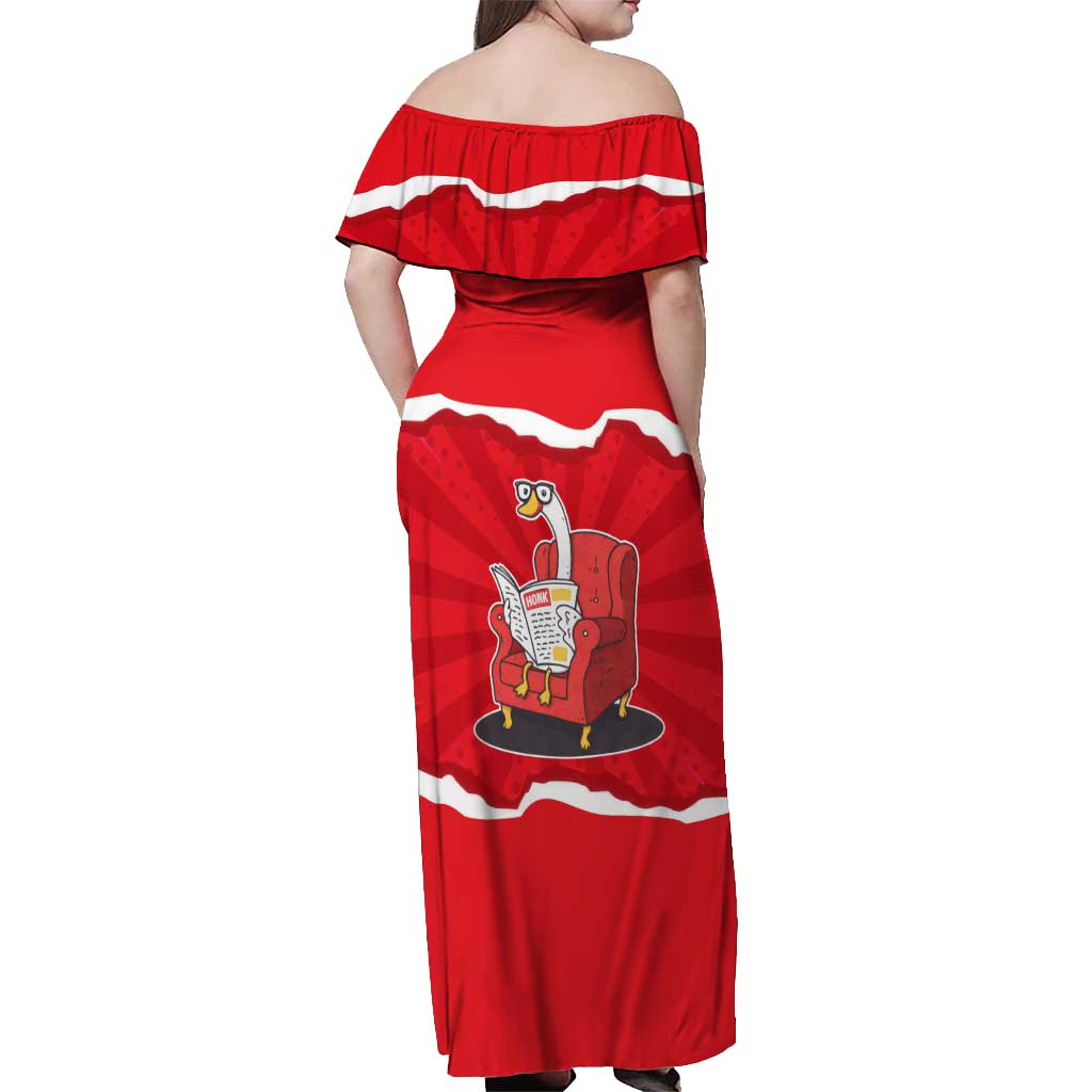Silly Goose Off Shoulder Maxi Dress with Newspaper and Armchair Pattern