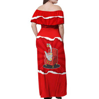 Silly Goose Off Shoulder Maxi Dress with Newspaper and Armchair Pattern