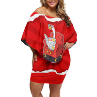 Silly Goose Off Shoulder Short Dress with Newspaper and Armchair Pattern