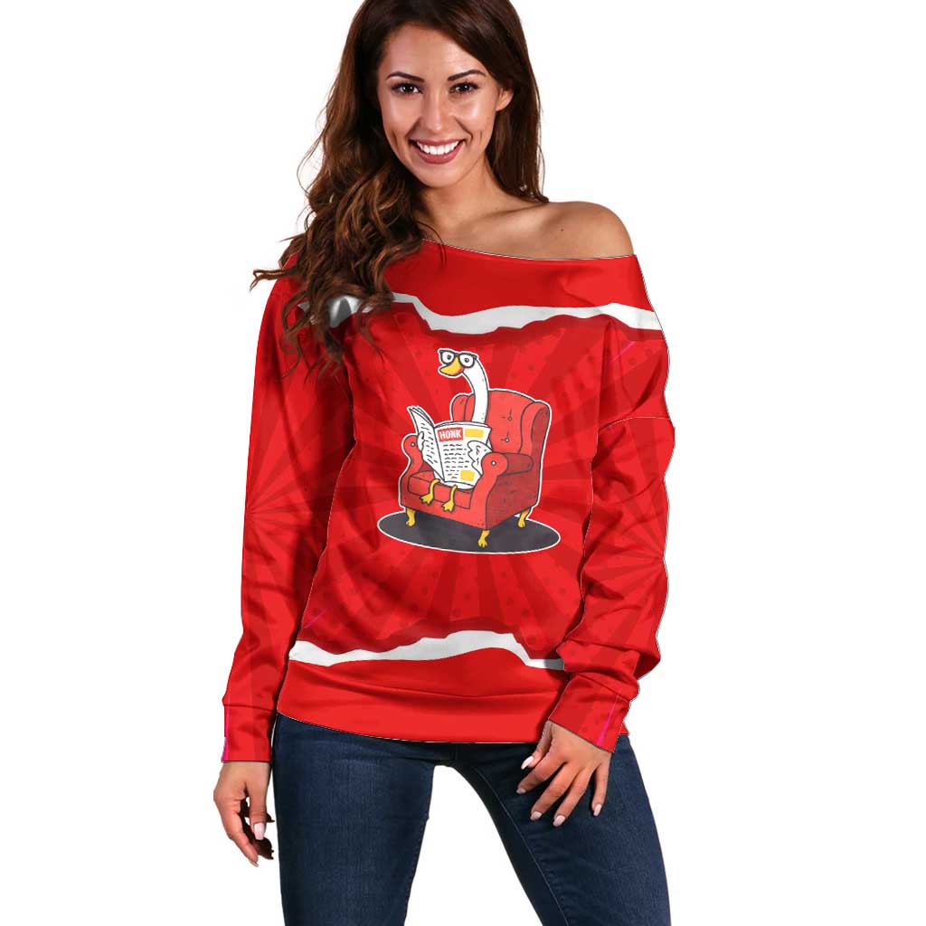 Silly Goose Off Shoulder Sweater with Newspaper and Armchair Pattern