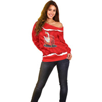 Silly Goose Off Shoulder Sweater with Newspaper and Armchair Pattern