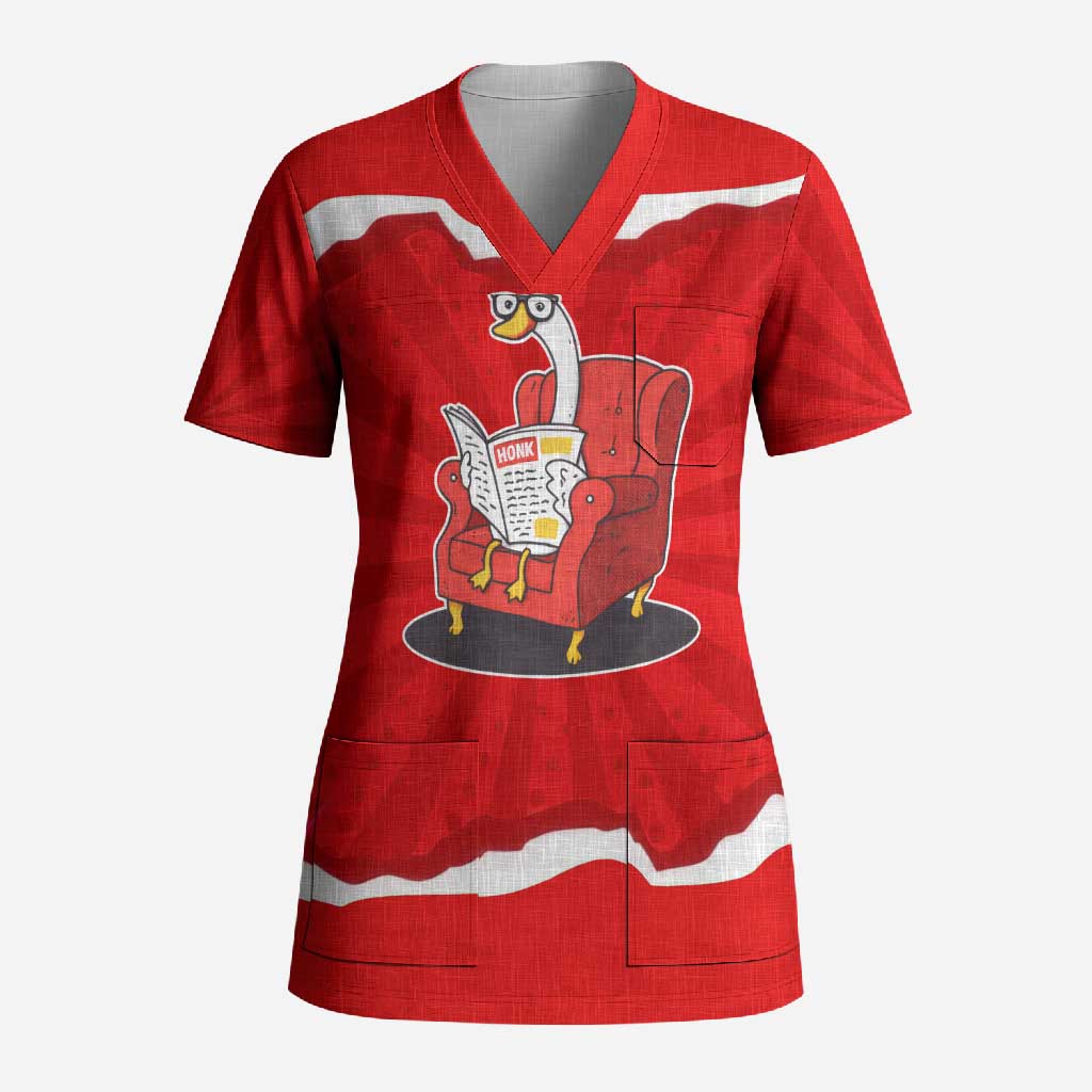 Silly Goose Scrub Top with Newspaper and Armchair Pattern