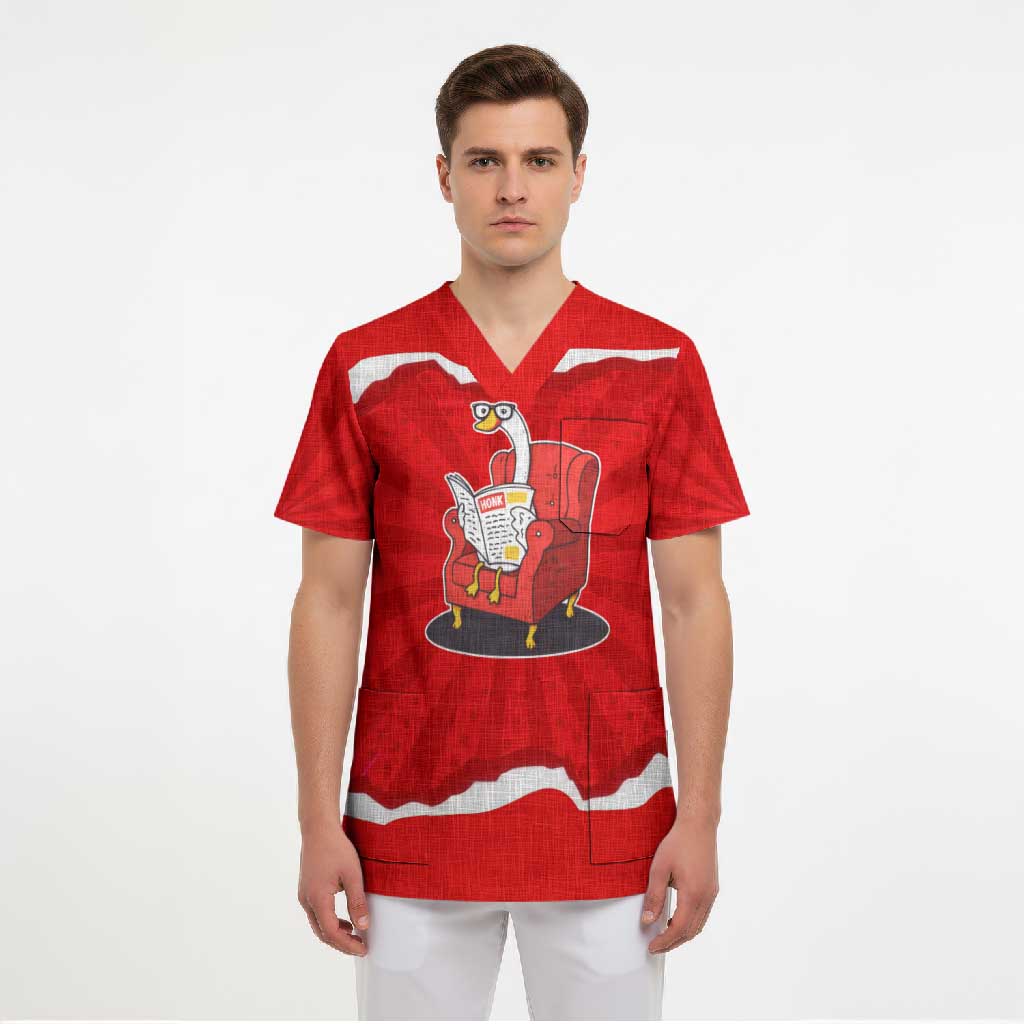 Silly Goose Scrub Top with Newspaper and Armchair Pattern
