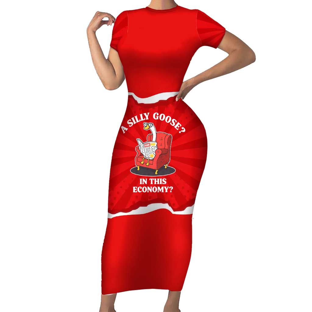 Silly Goose Short Sleeve Bodycon Dress with Newspaper and Armchair Pattern