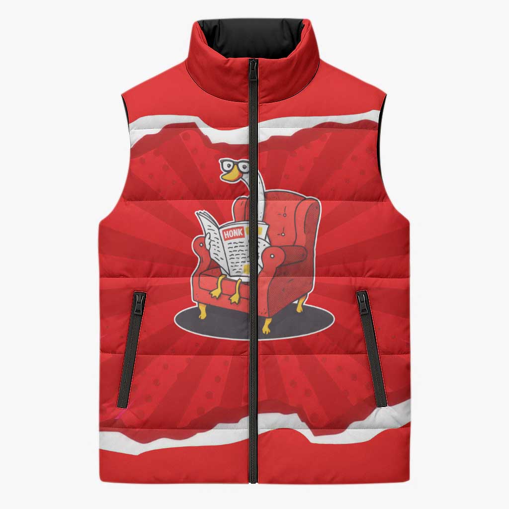 Silly Goose Sleeveless Puffer Jacket with Newspaper and Armchair Pattern