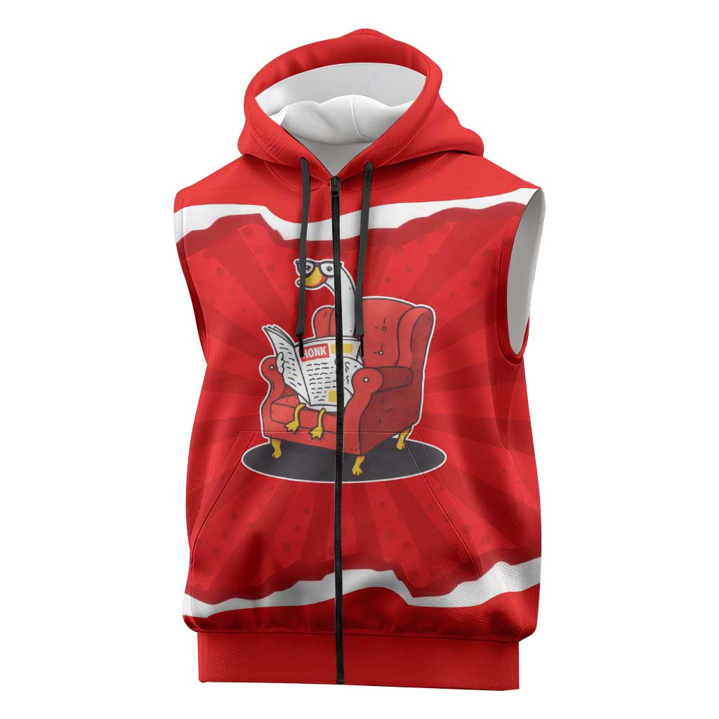 Silly Goose Sleeveless Zip Hoodie with Newspaper and Armchair Pattern