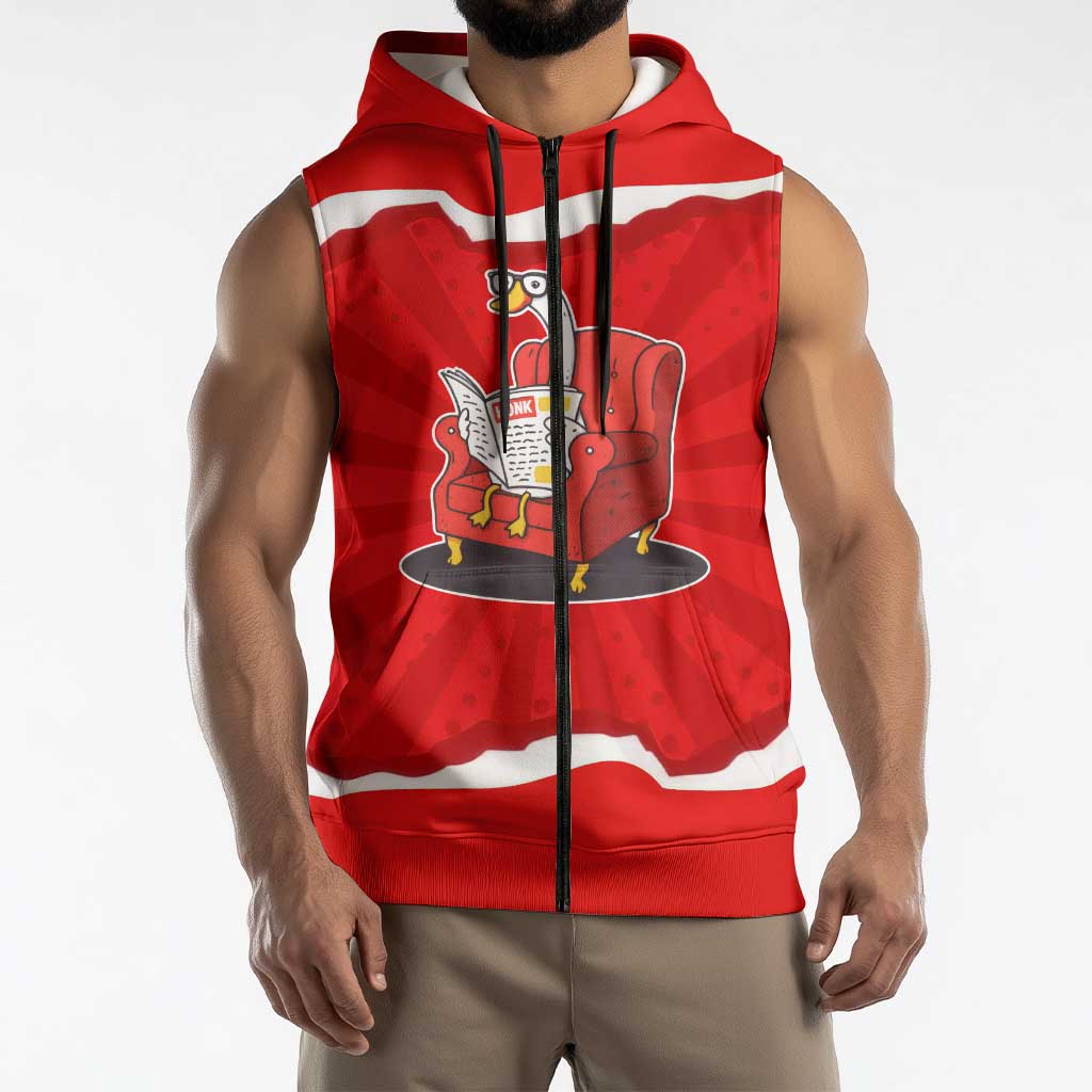 Silly Goose Sleeveless Zip Hoodie with Newspaper and Armchair Pattern