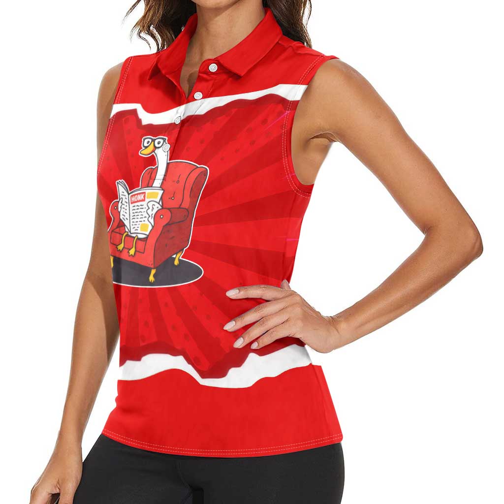 Silly Goose Women Sleeveless Polo Shirt with Newspaper and Armchair Pattern