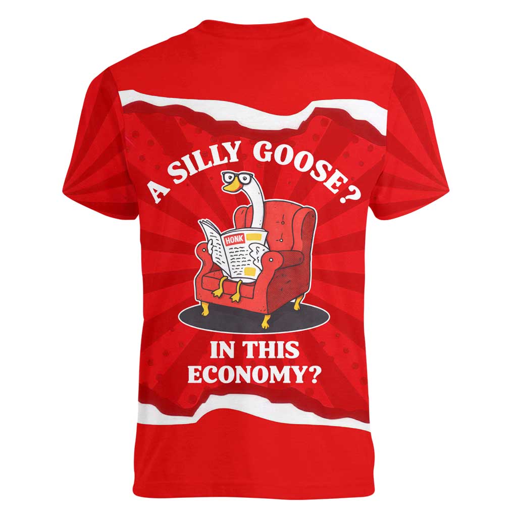 Silly Goose Women V-Neck T-Shirt with Newspaper and Armchair Pattern