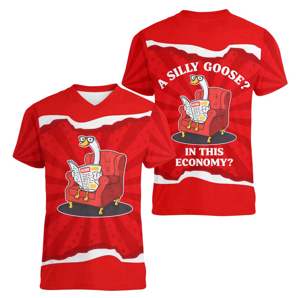 Silly Goose Women V-Neck T-Shirt with Newspaper and Armchair Pattern