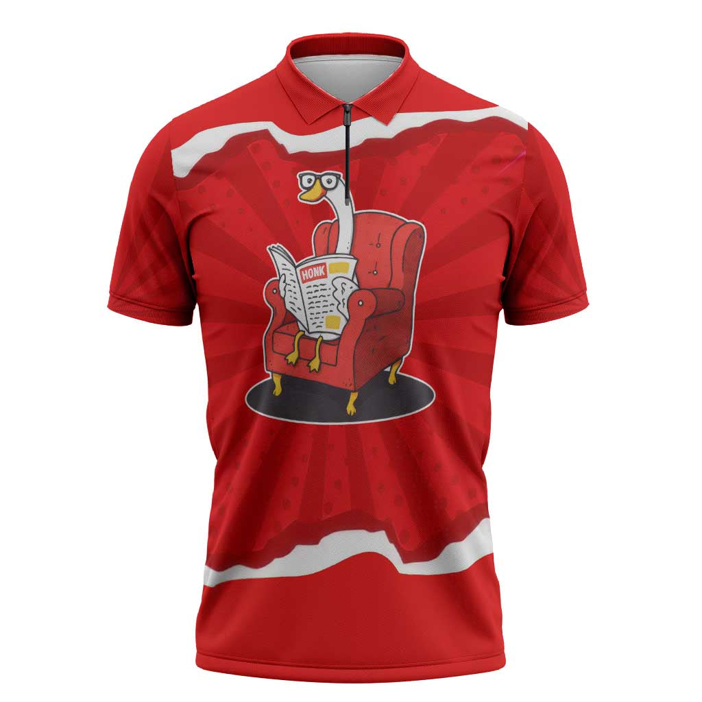 Silly Goose Zipper Polo Shirt with Newspaper and Armchair Pattern
