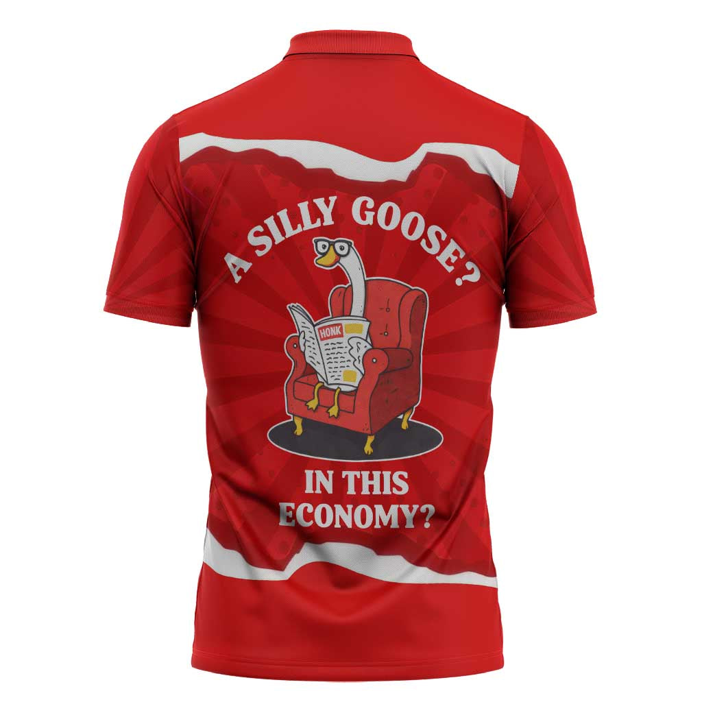 Silly Goose Zipper Polo Shirt with Newspaper and Armchair Pattern