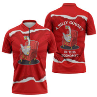 Silly Goose Zipper Polo Shirt with Newspaper and Armchair Pattern
