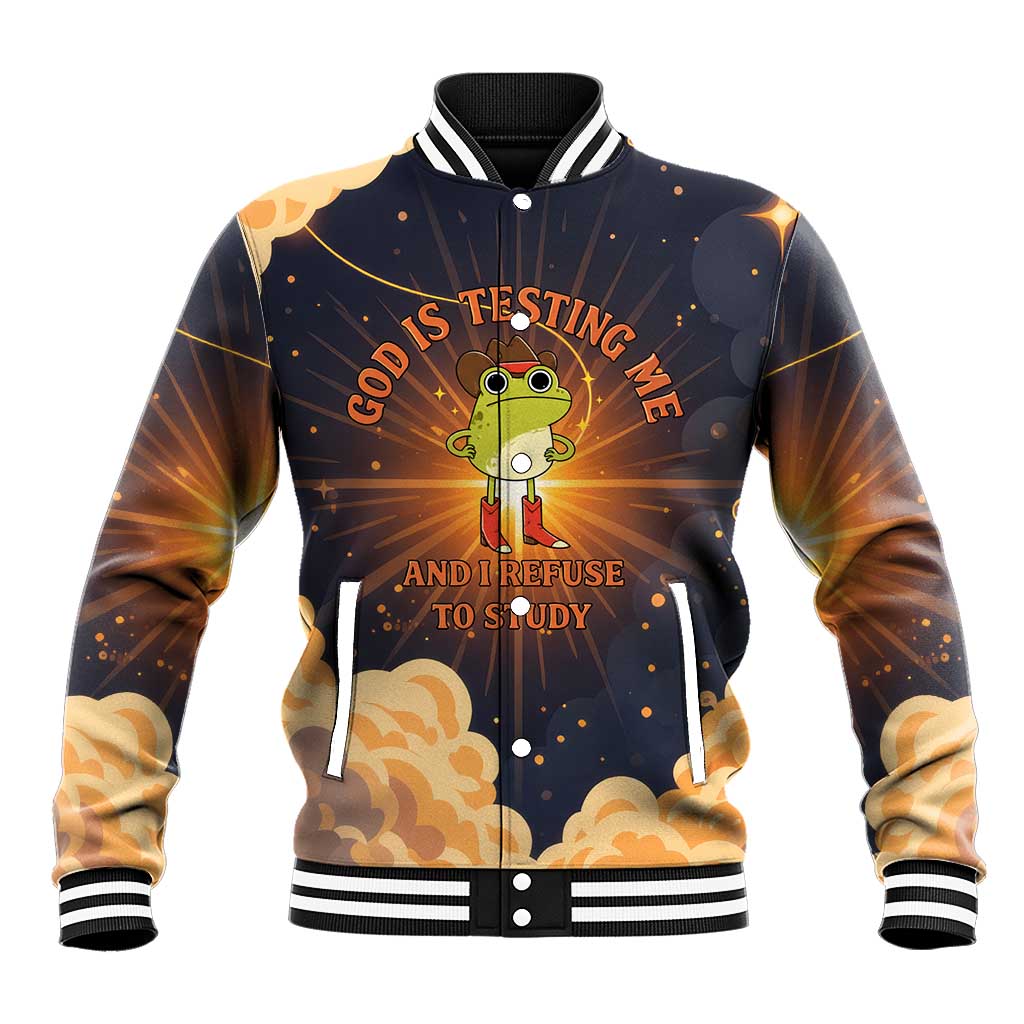 Grumpy Frog Baseball Jacket with Refuse to Study Quote and Starburst Pattern