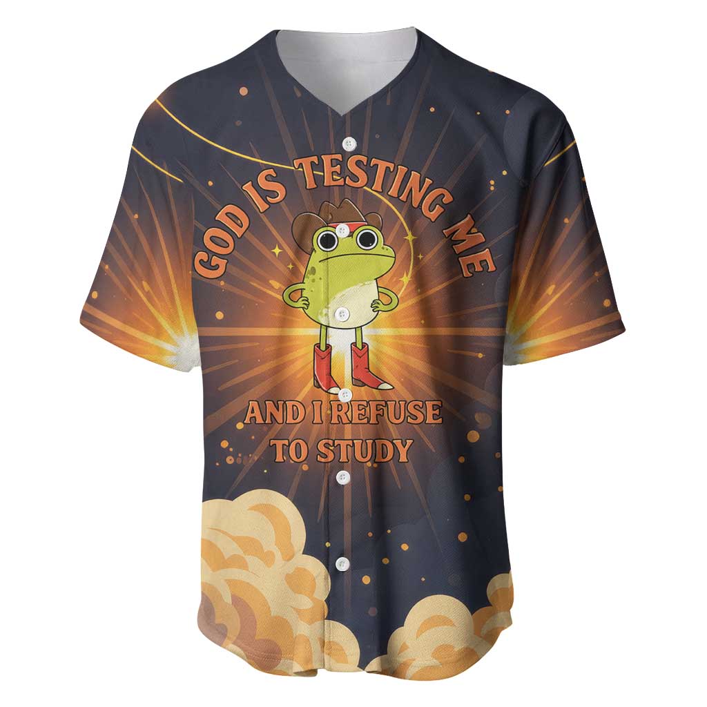 Grumpy Frog Baseball Jersey with Refuse to Study Quote and Starburst Pattern