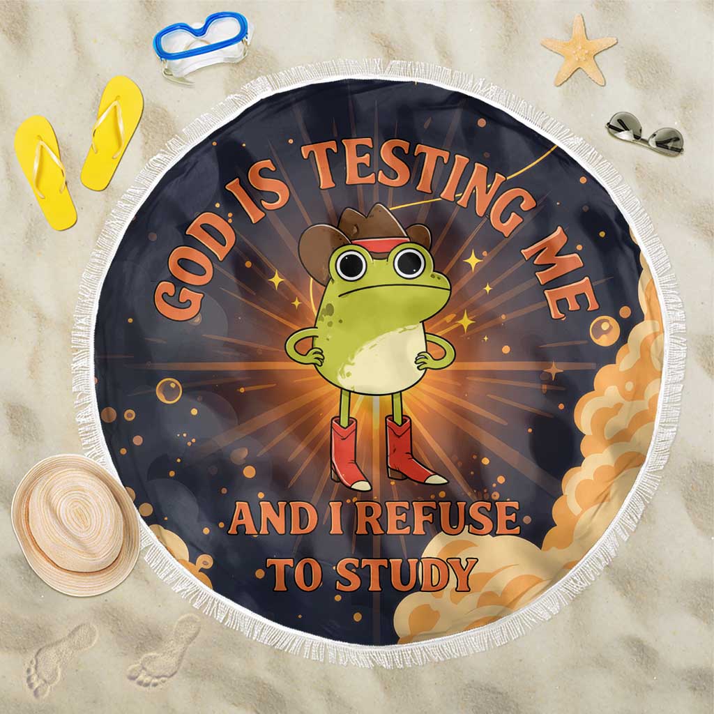 Grumpy Frog Beach Blanket with Refuse to Study Quote and Starburst Pattern