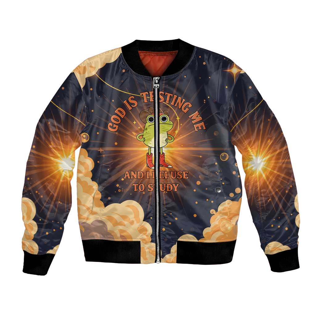 Grumpy Frog Bomber Jacket with Refuse to Study Quote and Starburst Pattern