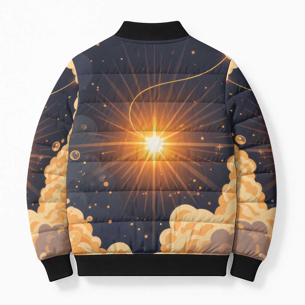 Grumpy Frog Bomber Puffer Jacket with Refuse to Study Quote and Starburst Pattern
