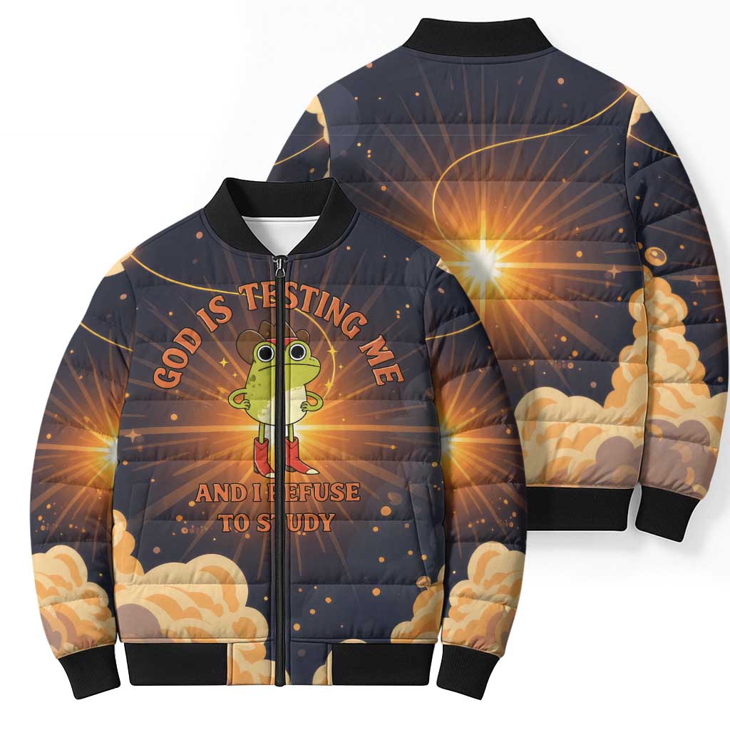 Grumpy Frog Bomber Puffer Jacket with Refuse to Study Quote and Starburst Pattern
