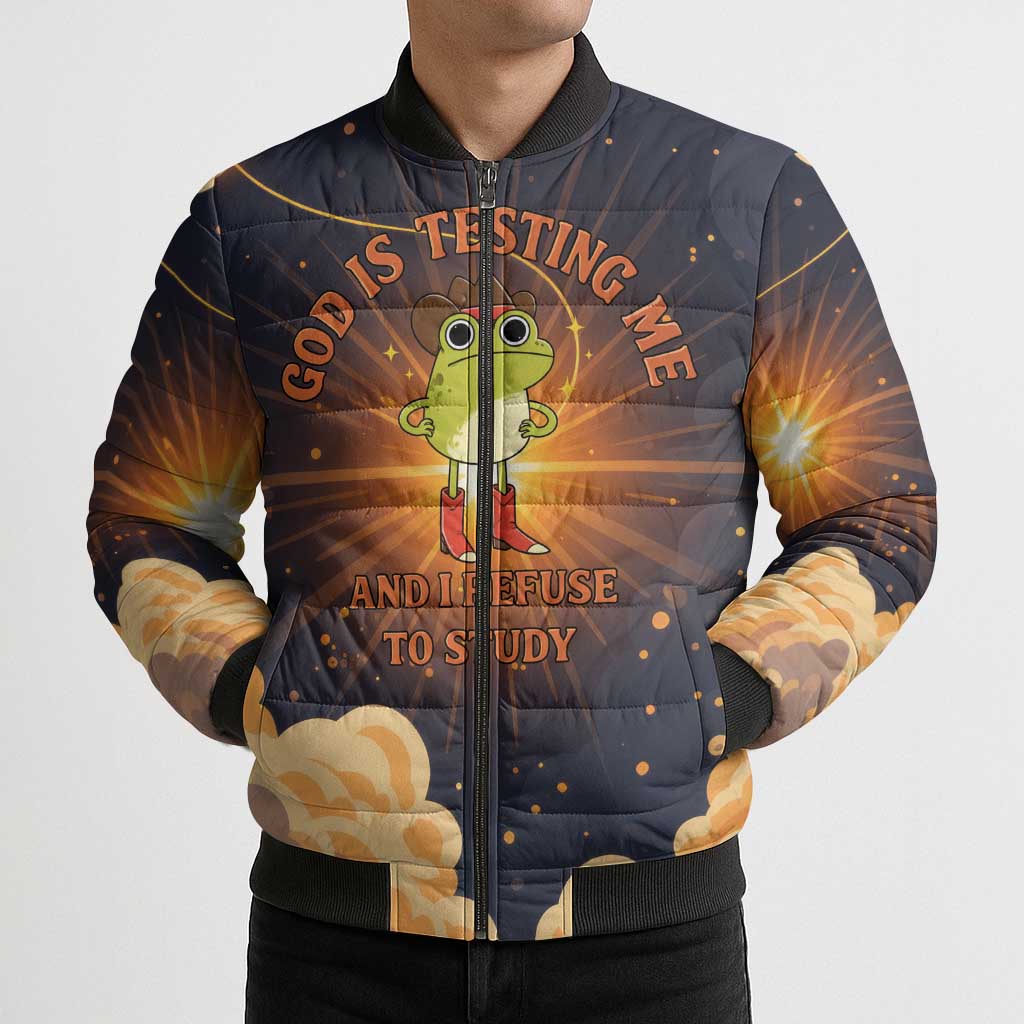 Grumpy Frog Bomber Puffer Jacket with Refuse to Study Quote and Starburst Pattern