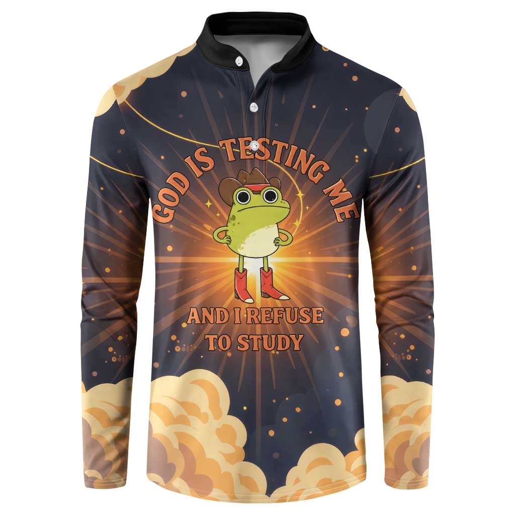 Grumpy Frog Button Sweatshirt with Refuse to Study Quote and Starburst Pattern