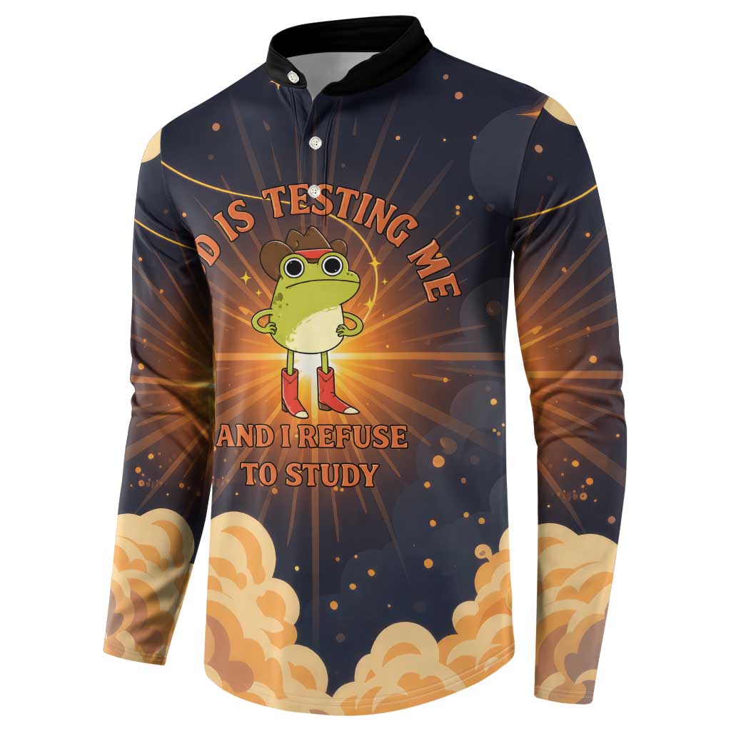 Grumpy Frog Button Sweatshirt with Refuse to Study Quote and Starburst Pattern