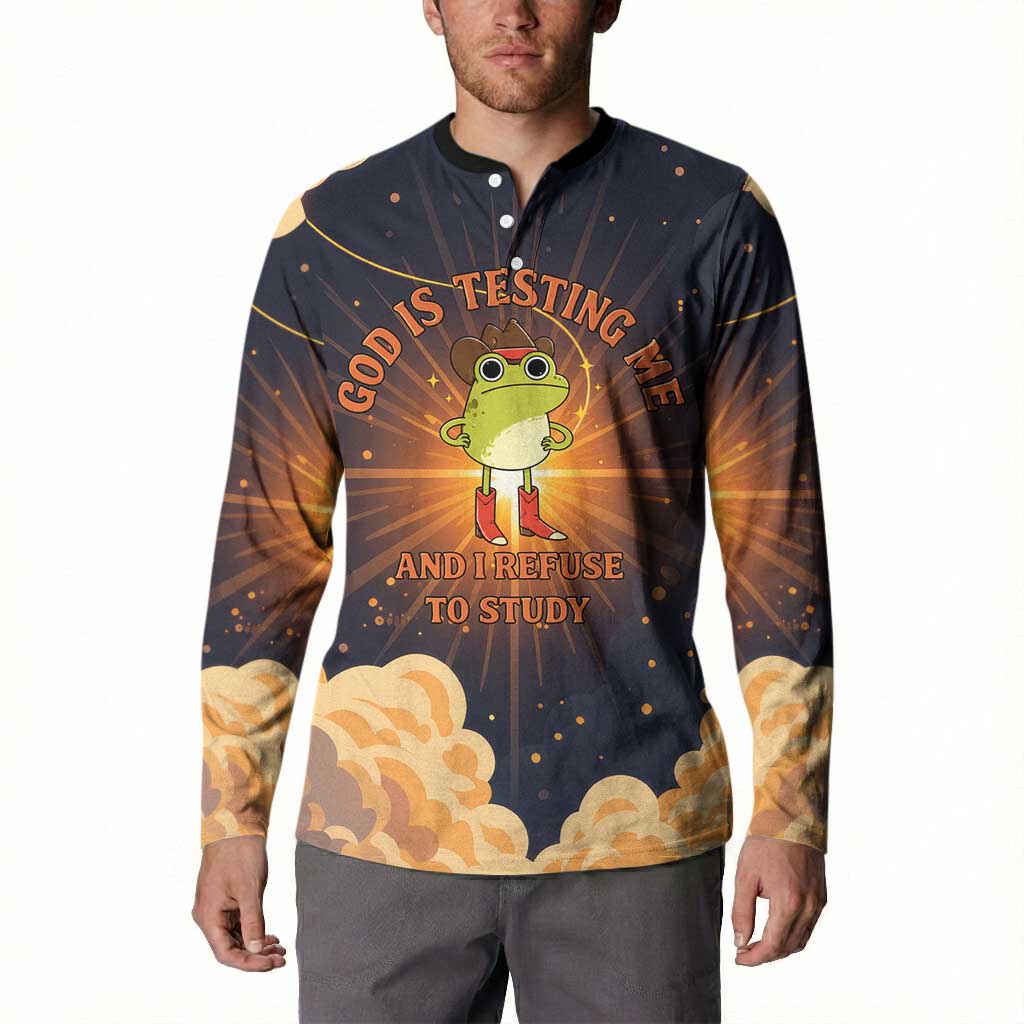 Grumpy Frog Button Sweatshirt with Refuse to Study Quote and Starburst Pattern