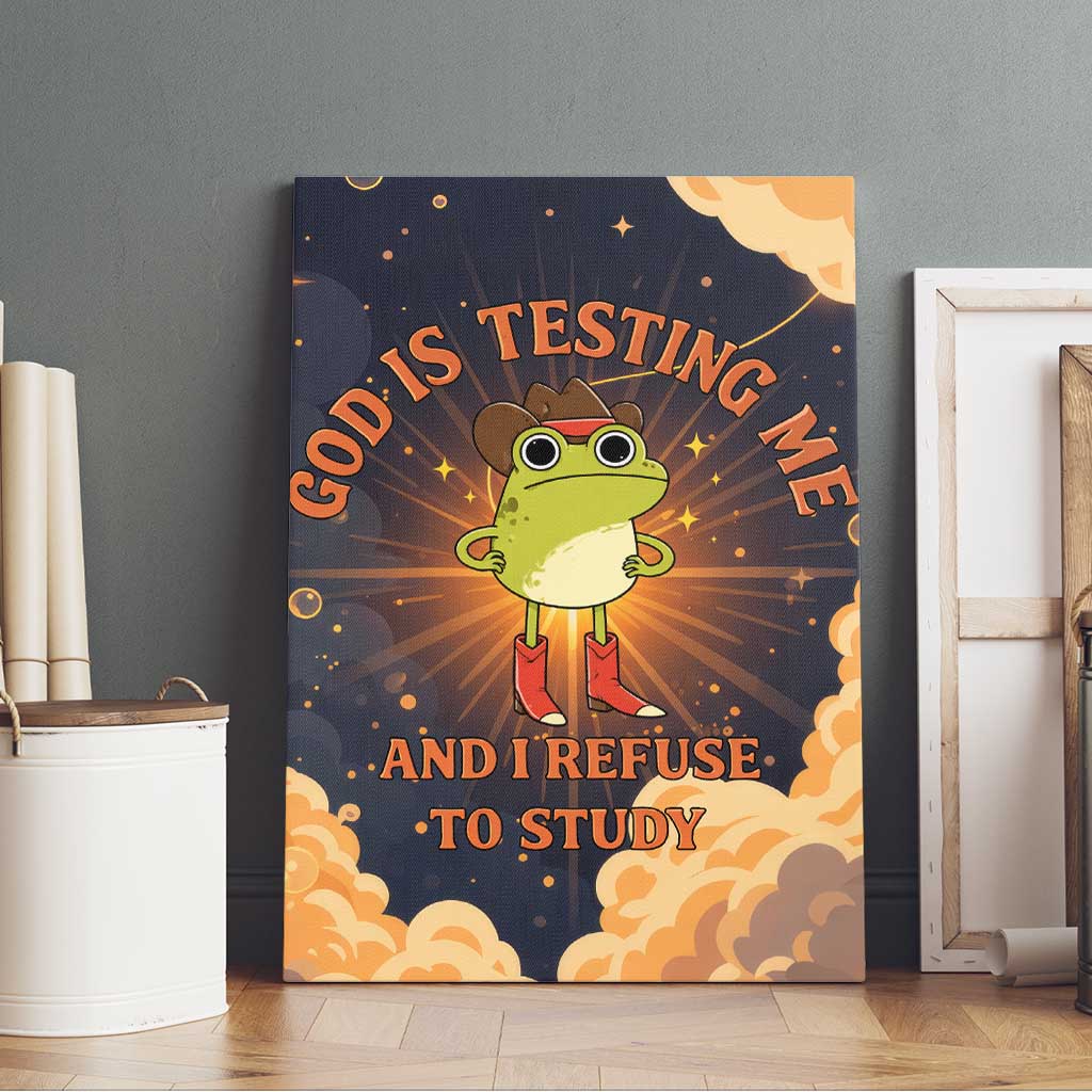 Grumpy Frog Canvas Wall Art with Refuse to Study Quote and Starburst Pattern