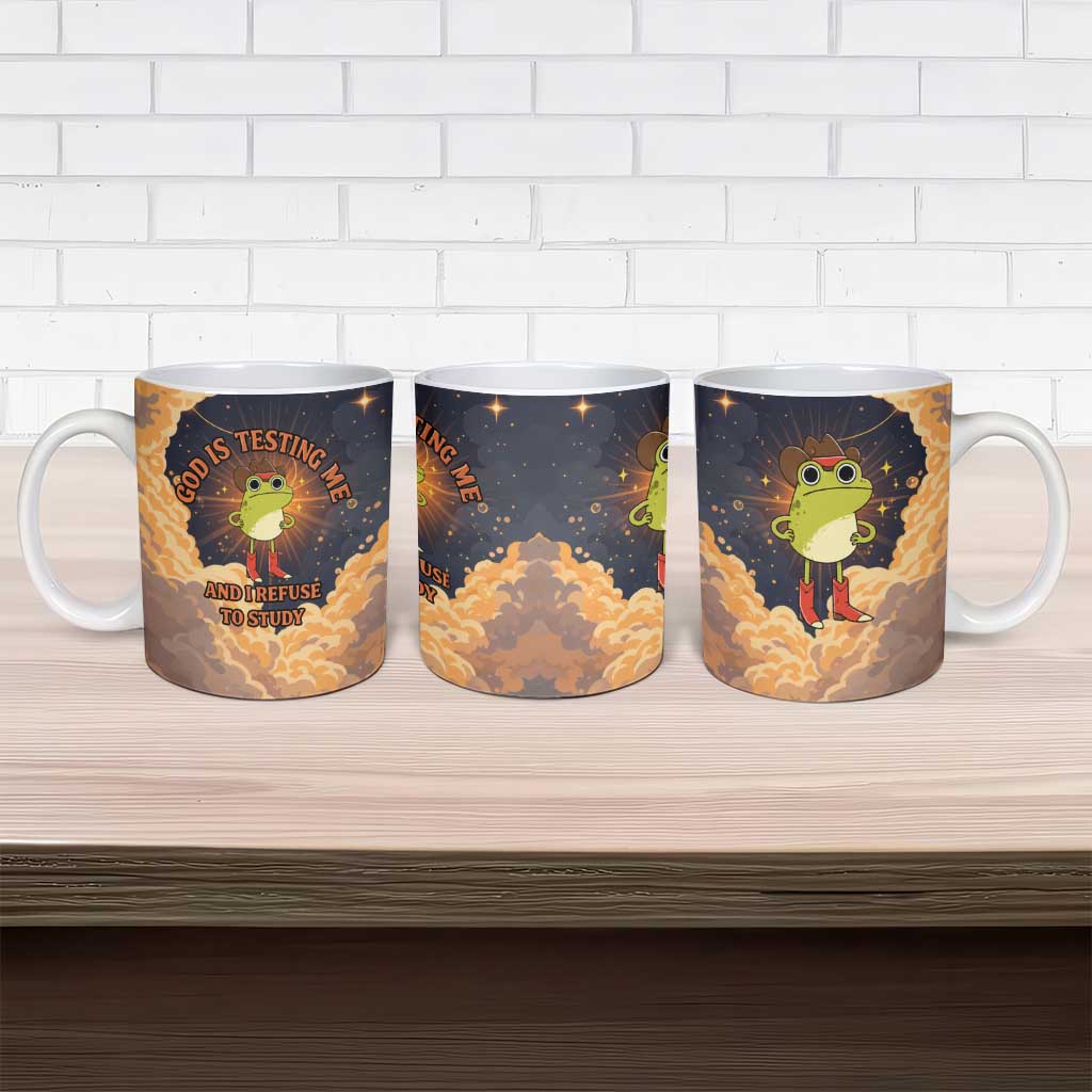 Grumpy Frog Ceramic Mug with Refuse to Study Quote and Starburst Pattern