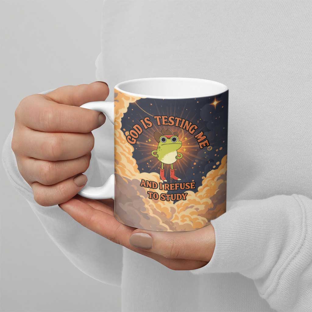 Grumpy Frog Ceramic Mug with Refuse to Study Quote and Starburst Pattern