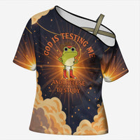 Grumpy Frog Cross Shoulder Shirt with Refuse to Study Quote and Starburst Pattern