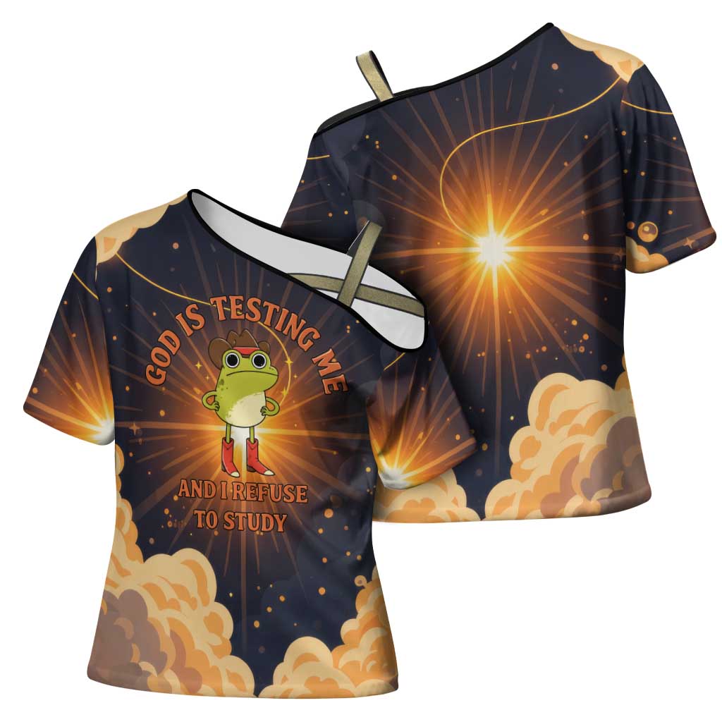 Grumpy Frog Cross Shoulder Shirt with Refuse to Study Quote and Starburst Pattern