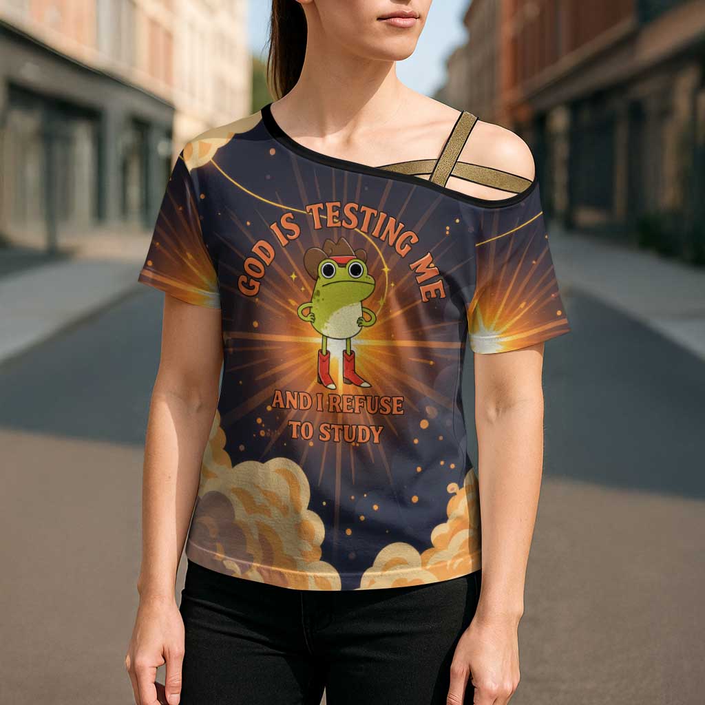 Grumpy Frog Cross Shoulder Shirt with Refuse to Study Quote and Starburst Pattern