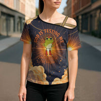 Grumpy Frog Cross Shoulder Shirt with Refuse to Study Quote and Starburst Pattern