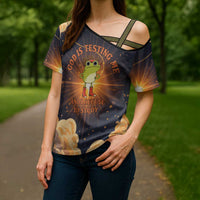 Grumpy Frog Cross Shoulder Shirt with Refuse to Study Quote and Starburst Pattern