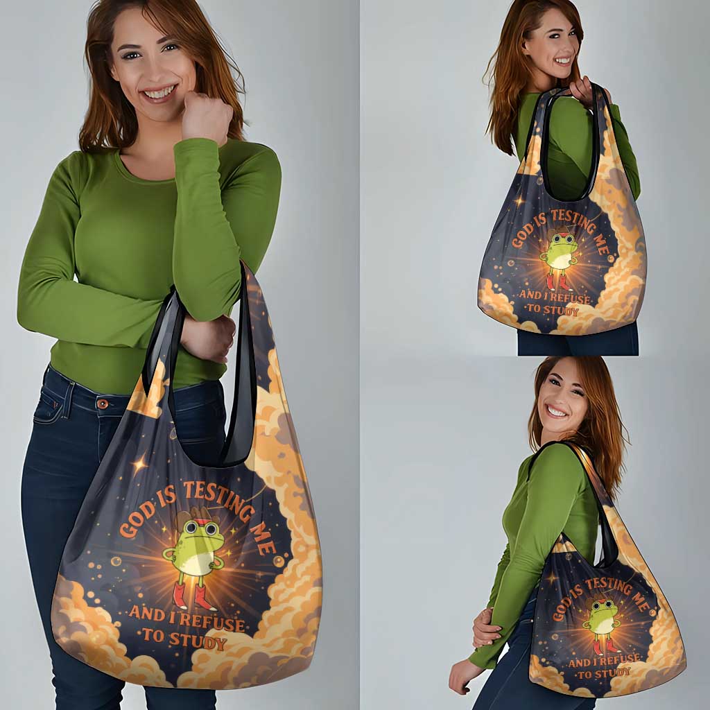 Grumpy Frog Grocery Bag with Refuse to Study Quote and Starburst Pattern