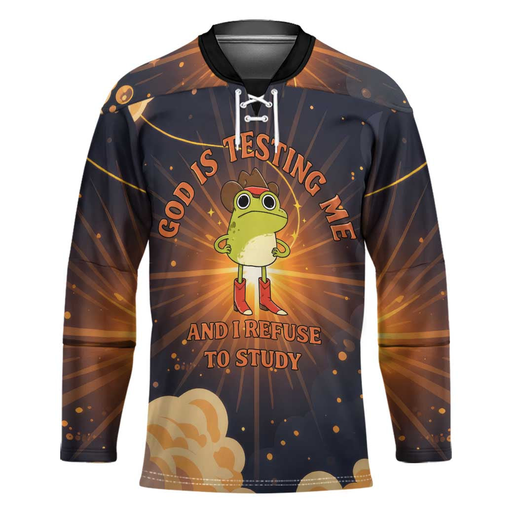 Grumpy Frog Hockey Jersey with Refuse to Study Quote and Starburst Pattern