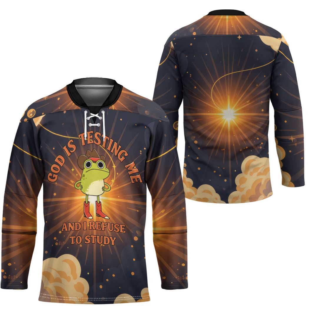Grumpy Frog Hockey Jersey with Refuse to Study Quote and Starburst Pattern