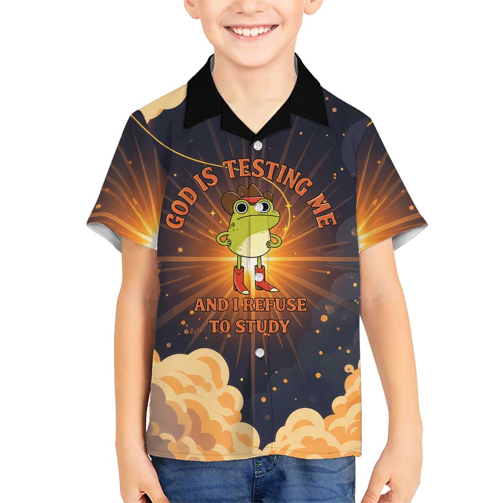 Grumpy Frog Kid Hawaiian Shirt with Refuse to Study Quote and Starburst Pattern