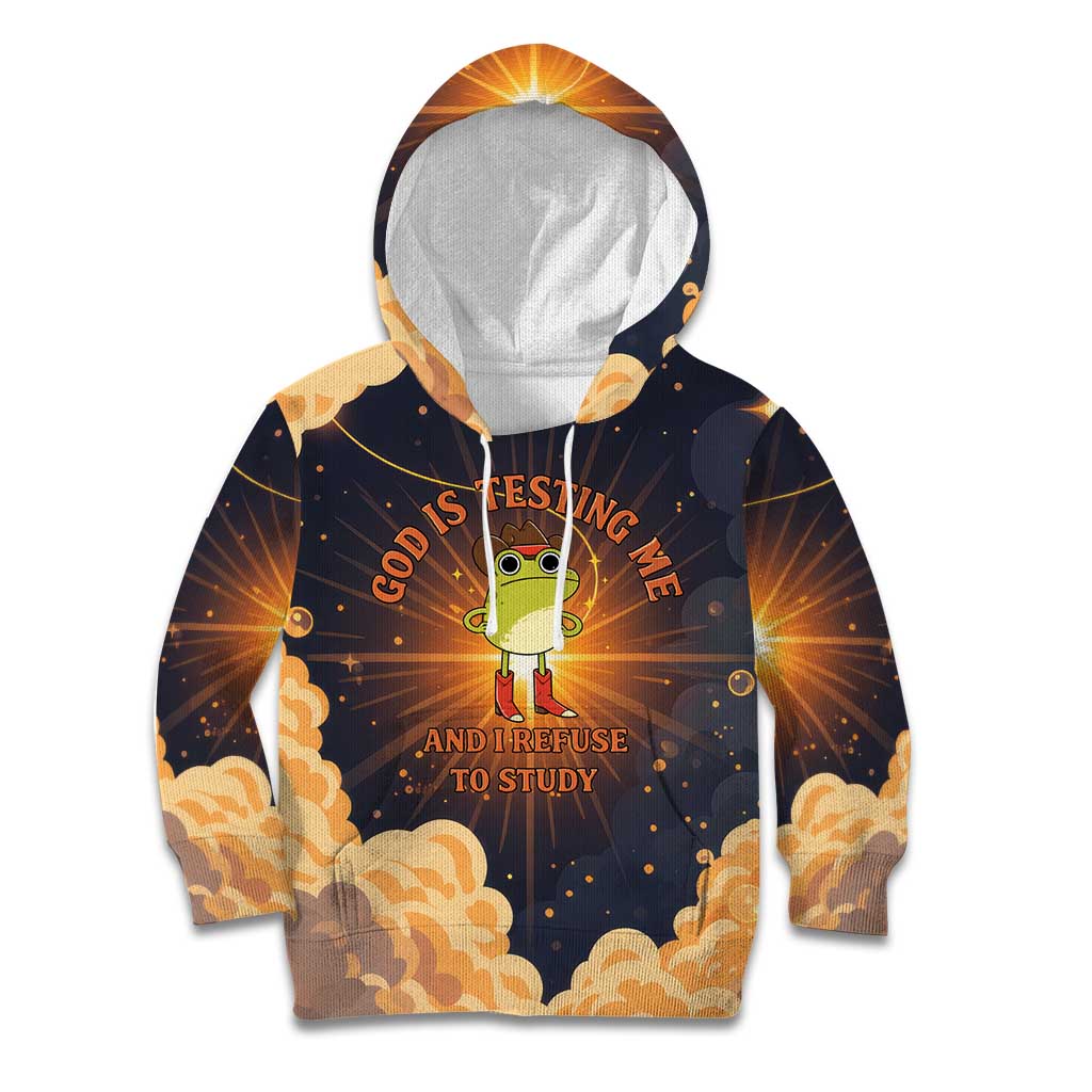 Grumpy Frog Kid Hoodie with Refuse to Study Quote and Starburst Pattern