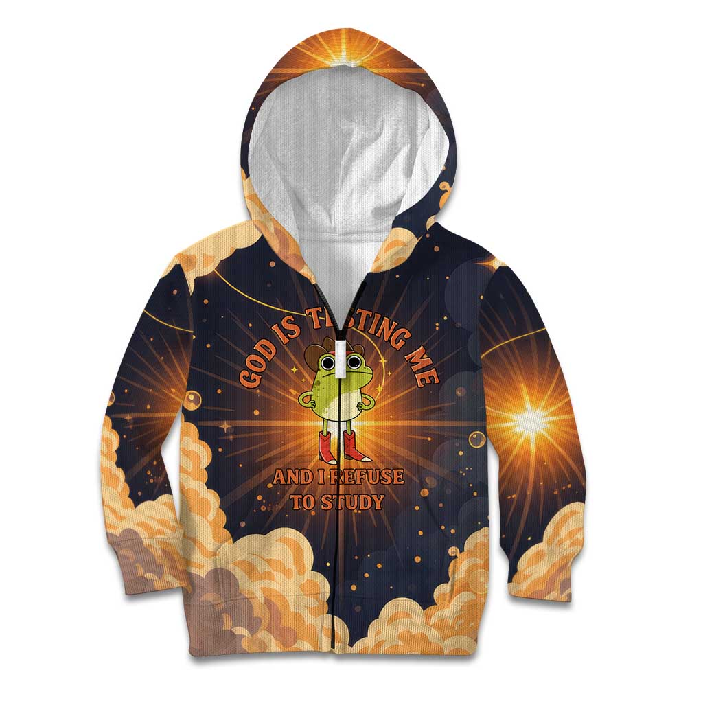 Grumpy Frog Kid Hoodie with Refuse to Study Quote and Starburst Pattern