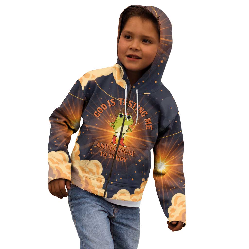 Grumpy Frog Kid Hoodie with Refuse to Study Quote and Starburst Pattern