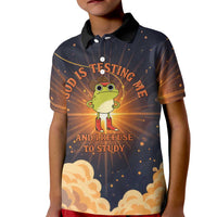 Grumpy Frog Kid Polo Shirt with Refuse to Study Quote and Starburst Pattern
