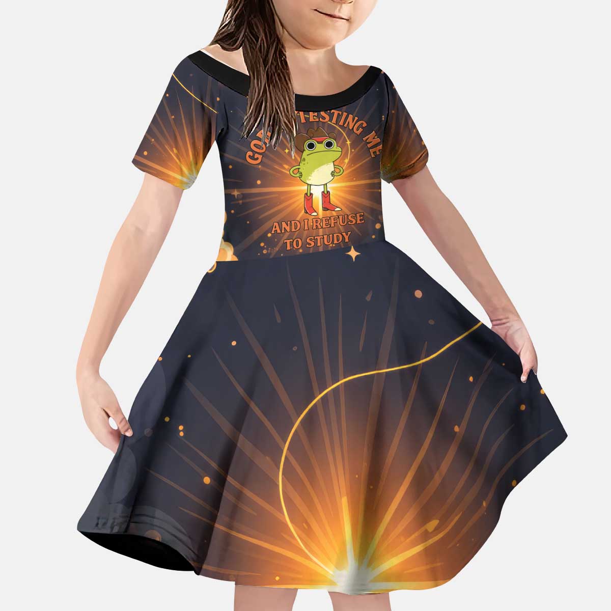 Grumpy Frog Kid Short Sleeve Dress with Refuse to Study Quote and Starburst Pattern